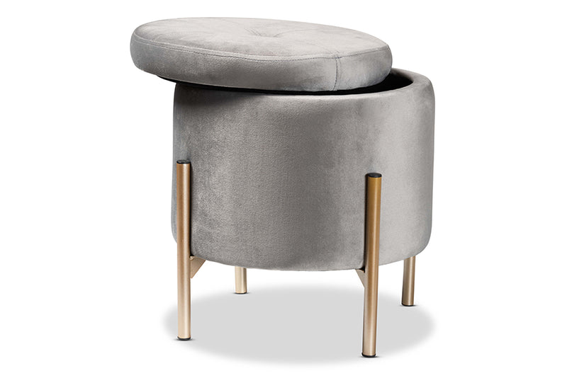 Desma Contemporary Glam and Luxe Gray Velvet Fabric Upholstered and Gold Finished Metal Storage Ottoman