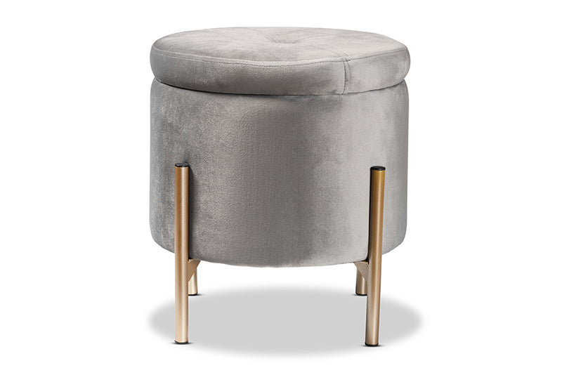 Desma Contemporary Glam and Luxe Gray Velvet Fabric Upholstered and Gold Finished Metal Storage Ottoman