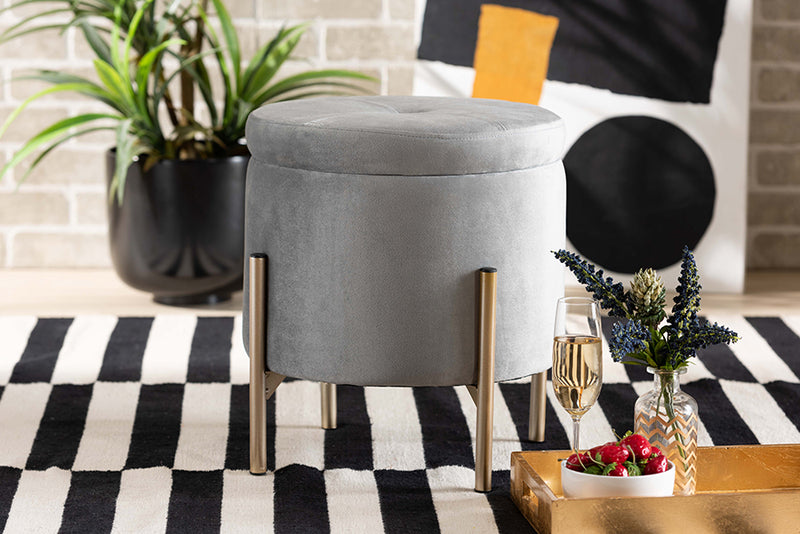 Desma Contemporary Glam and Luxe Gray Velvet Fabric Upholstered and Gold Finished Metal Storage Ottoman