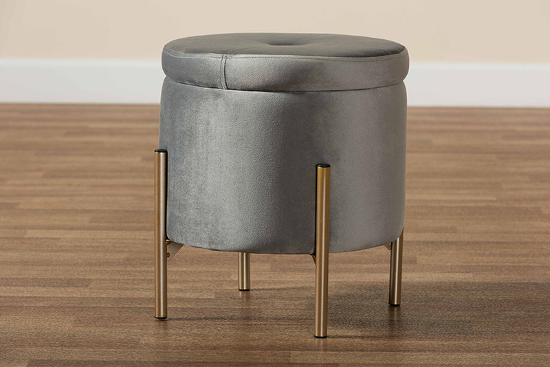 Desma Contemporary Glam and Luxe Gray Velvet Fabric Upholstered and Gold Finished Metal Storage Ottoman