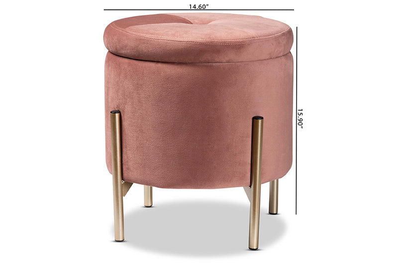 Desma Contemporary Glam and Luxe Pink Velvet Fabric Upholstered and Gold Finished Metal Storage Ottoman