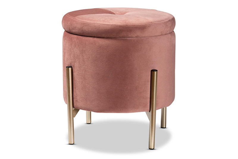 Desma Contemporary Glam and Luxe Pink Velvet Fabric Upholstered and Gold Finished Metal Storage Ottoman