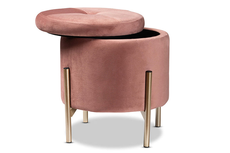 Desma Pink Velvet Fabric Upholstered and Gold Finished Metal Storage Ottoman Baxton