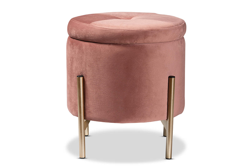 Desma Contemporary Glam and Luxe Pink Velvet Fabric Upholstered and Gold Finished Metal Storage Ottoman