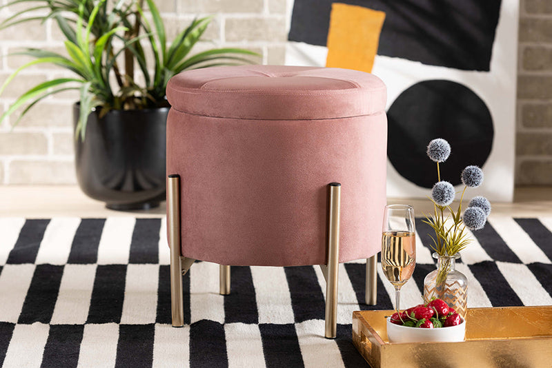 Desma Pink Velvet Fabric Upholstered and Gold Finished Metal Storage Ottoman Baxton