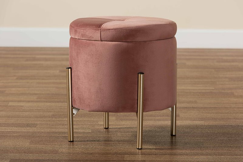 Desma Contemporary Glam and Luxe Pink Velvet Fabric Upholstered and Gold Finished Metal Storage Ottoman