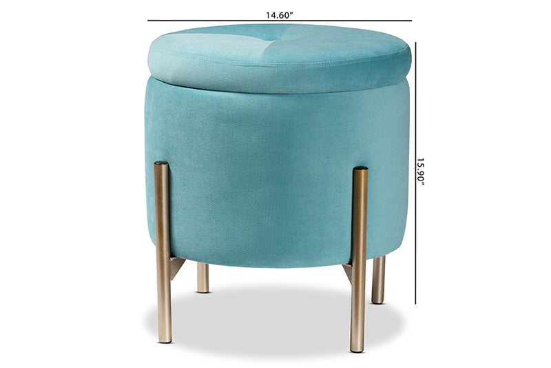 Desma Contemporary Glam and Luxe Sky Blue Velvet Fabric Upholstered and Gold Finished Metal Storage Ottoman