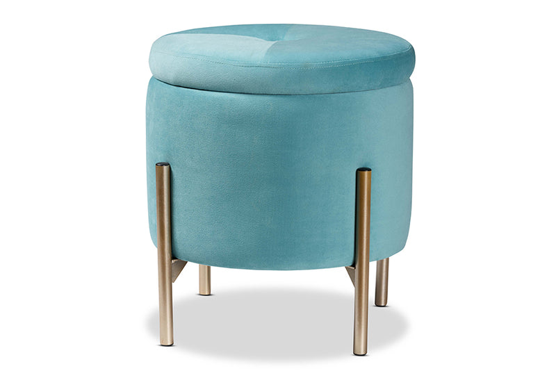 Desma Contemporary Glam and Luxe Sky Blue Velvet Fabric Upholstered and Gold Finished Metal Storage Ottoman