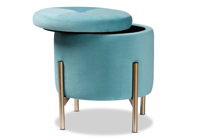 Desma Contemporary Glam and Luxe Sky Blue Velvet Fabric Upholstered and Gold Finished Metal Storage Ottoman