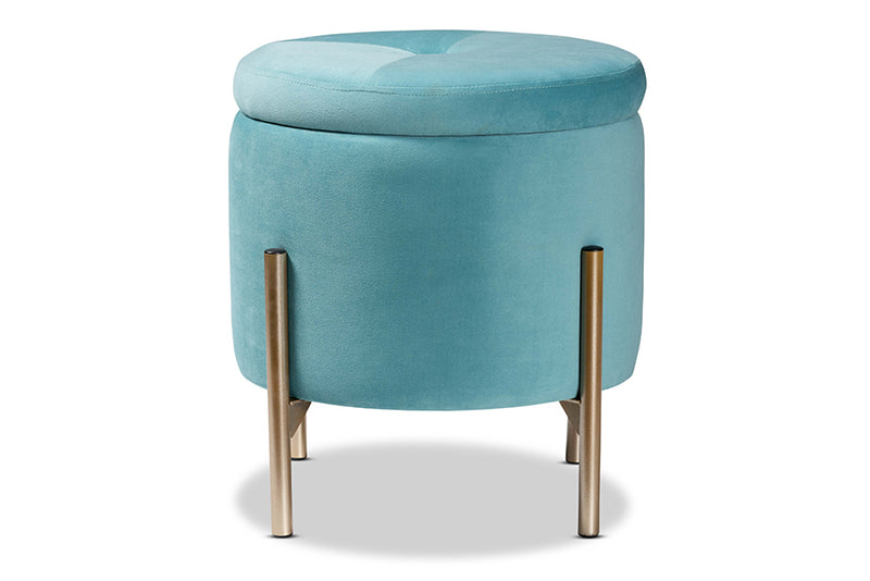 Desma Contemporary Glam and Luxe Sky Blue Velvet Fabric Upholstered and Gold Finished Metal Storage Ottoman