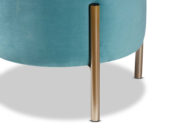 Desma Contemporary Glam and Luxe Sky Blue Velvet Fabric Upholstered and Gold Finished Metal Storage Ottoman