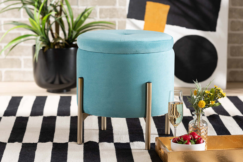 Desma Sky Blue Velvet Fabric Upholstered and Gold Finished Metal Storage Ottoman Baxton