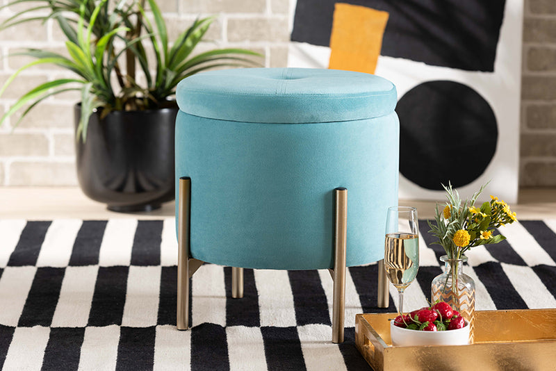 Desma Contemporary Glam and Luxe Sky Blue Velvet Fabric Upholstered and Gold Finished Metal Storage Ottoman