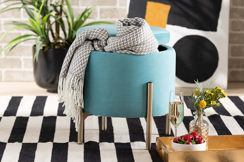 Desma Sky Blue Velvet Fabric Upholstered and Gold Finished Metal Storage Ottoman Baxton