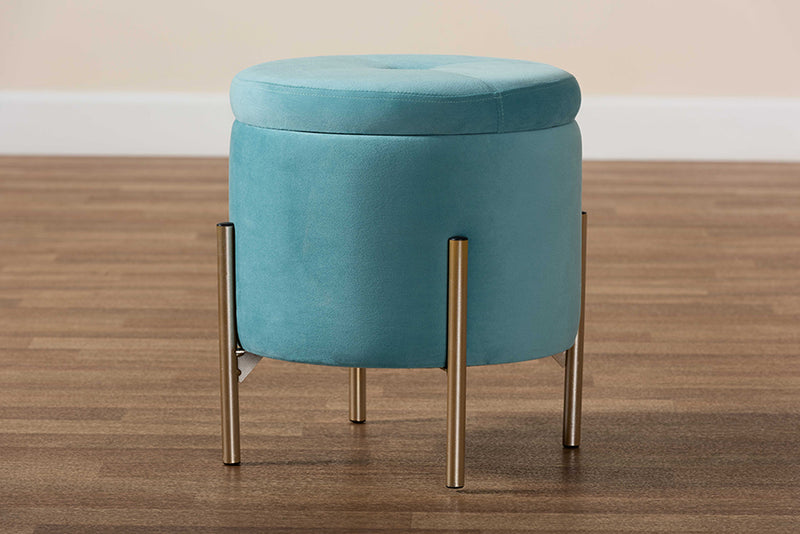 Desma Contemporary Glam and Luxe Sky Blue Velvet Fabric Upholstered and Gold Finished Metal Storage Ottoman