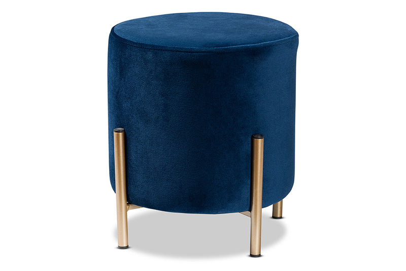 Bisset Contemporary Glam and Luxe Navy Blue Velvet Fabric Upholstered and Gold Finished Metal Ottoman