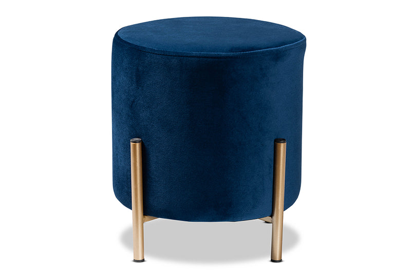 Bisset Contemporary Glam and Luxe Navy Blue Velvet Fabric Upholstered and Gold Finished Metal Ottoman