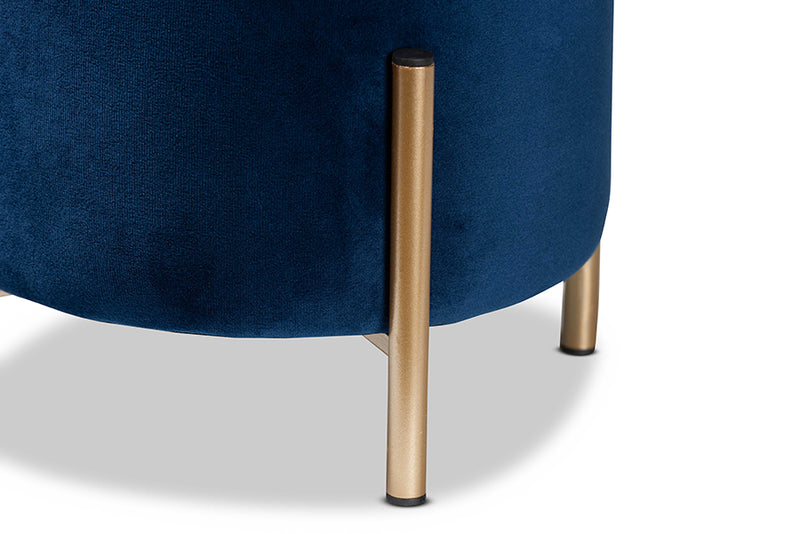 Bisset Contemporary Glam and Luxe Navy Blue Velvet Fabric Upholstered and Gold Finished Metal Ottoman