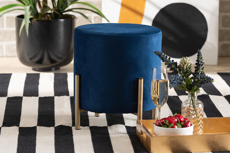 Bisset Contemporary Glam and Luxe Navy Blue Velvet Fabric Upholstered and Gold Finished Metal Ottoman