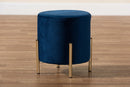 Bisset Navy Blue Velvet Fabric Upholstered and Gold Finished Metal Ottoman Baxton