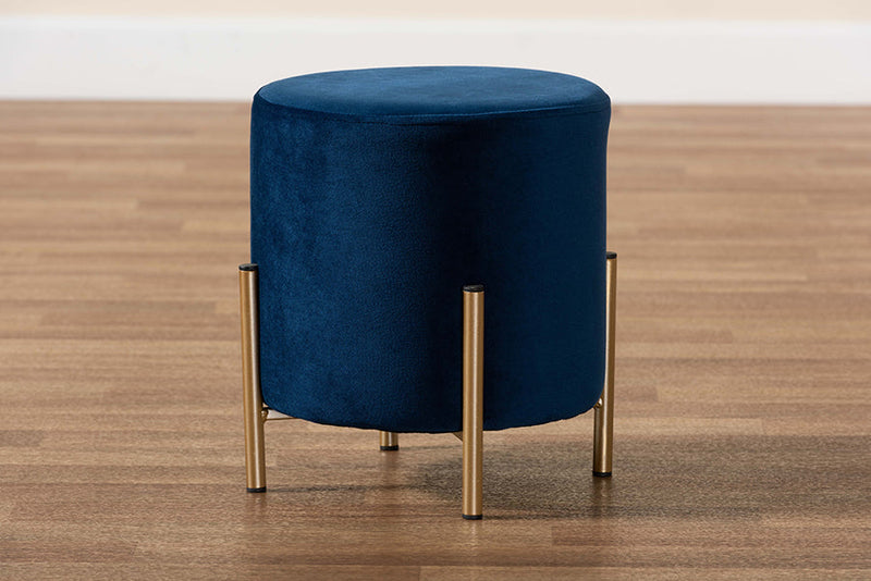 Bisset Navy Blue Velvet Fabric Upholstered and Gold Finished Metal Ottoman Baxton