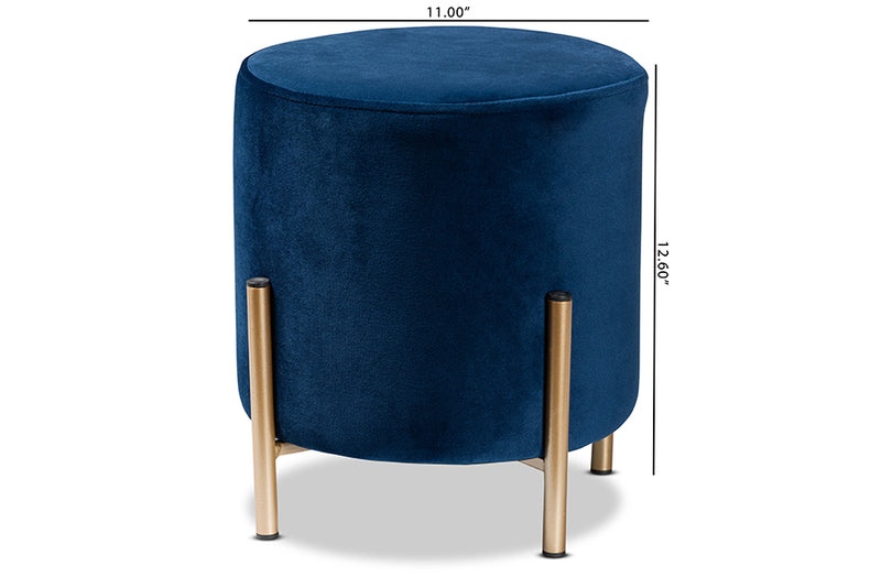 Bisset Contemporary Glam and Luxe Navy Blue Velvet Fabric Upholstered and Gold Finished Metal Ottoman