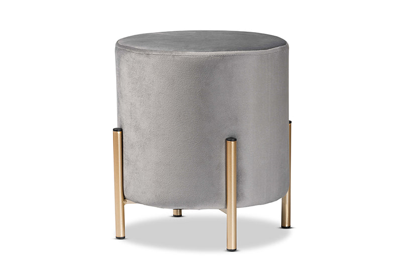 Bisset Contemporary Glam and Luxe Gray Velvet Fabric Upholstered and Gold Finished Metal Ottoman