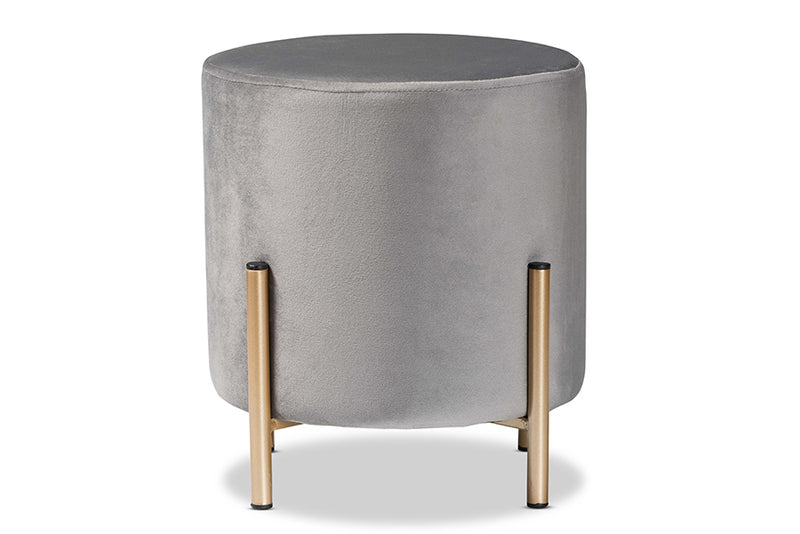 Bisset Contemporary Glam and Luxe Gray Velvet Fabric Upholstered and Gold Finished Metal Ottoman