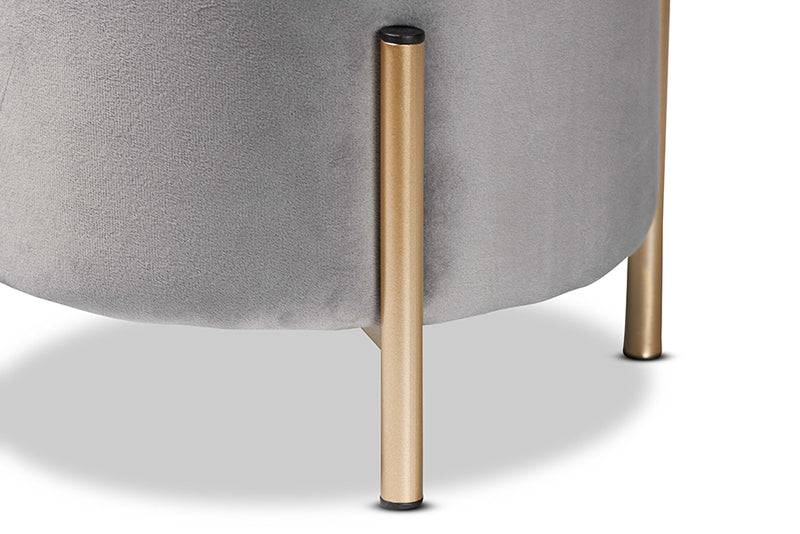 Bisset Contemporary Glam and Luxe Gray Velvet Fabric Upholstered and Gold Finished Metal Ottoman