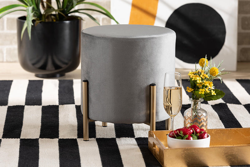 Bisset Gray Velvet Fabric Upholstered and Gold Finished Metal Ottoman Baxton