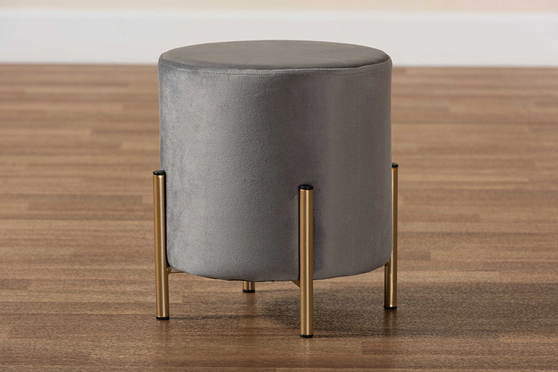 Bisset Contemporary Glam and Luxe Gray Velvet Fabric Upholstered and Gold Finished Metal Ottoman