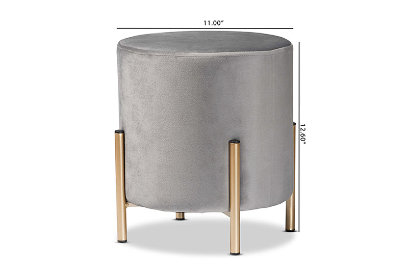 Bisset Contemporary Glam and Luxe Gray Velvet Fabric Upholstered and Gold Finished Metal Ottoman