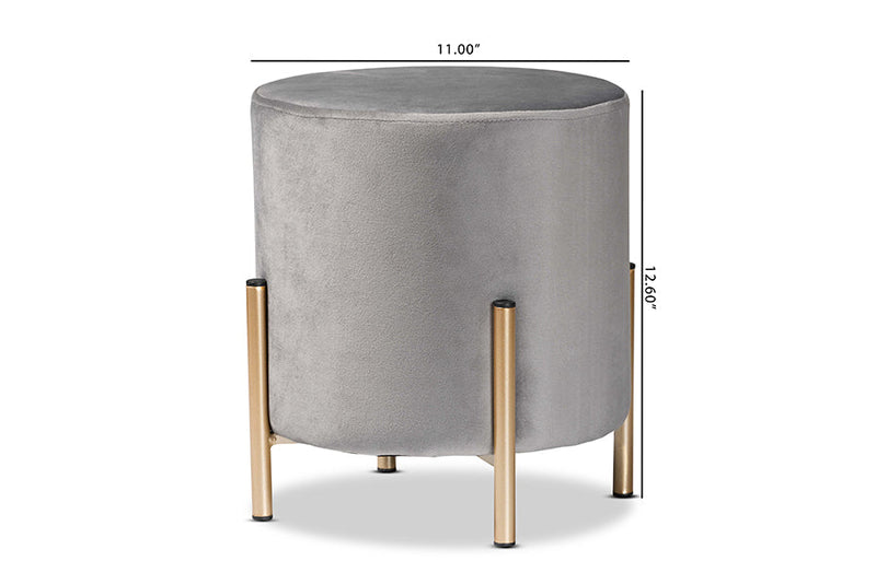 Bisset Gray Velvet Fabric Upholstered and Gold Finished Metal Ottoman Baxton