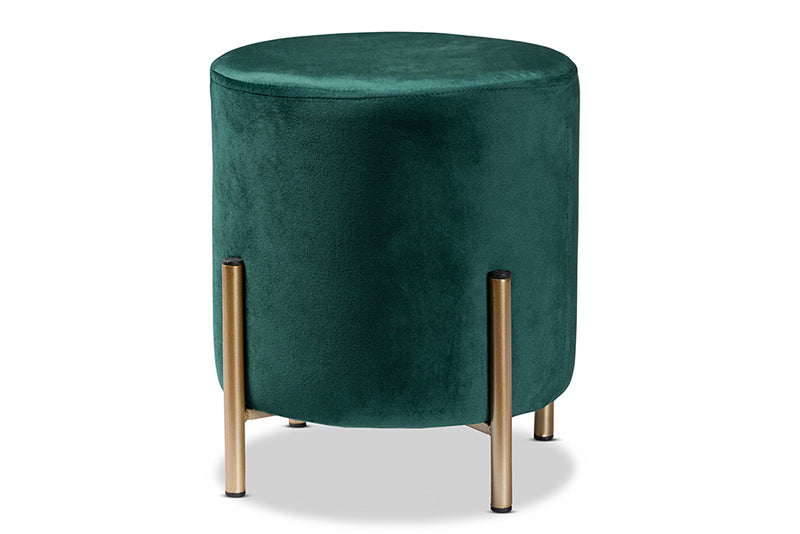 Bisset Contemporary Glam and Luxe Green Velvet Fabric Upholstered and Gold Finished Metal Ottoman