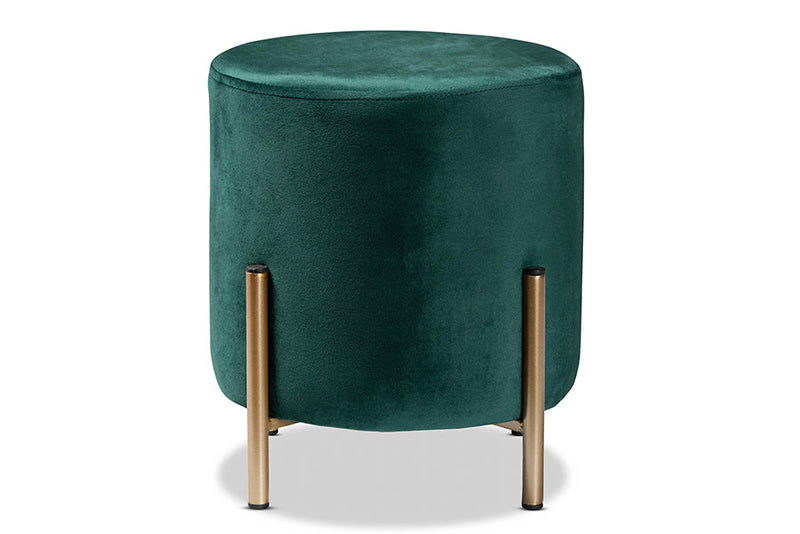 Bisset Green Velvet Fabric Upholstered and Gold Finished Metal Ottoman Baxton
