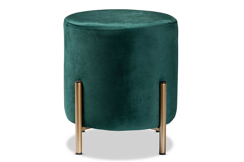 Bisset Contemporary Glam and Luxe Green Velvet Fabric Upholstered and Gold Finished Metal Ottoman