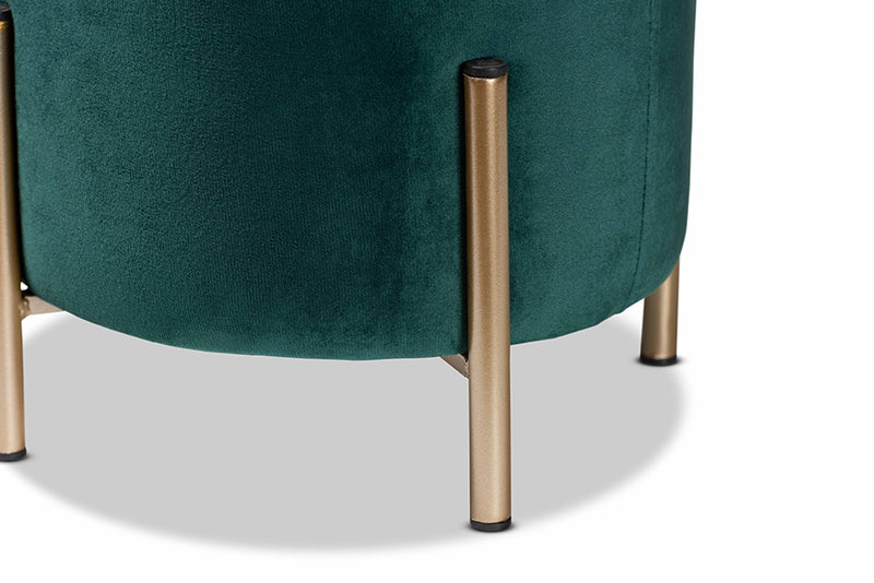 Bisset Contemporary Glam and Luxe Green Velvet Fabric Upholstered and Gold Finished Metal Ottoman