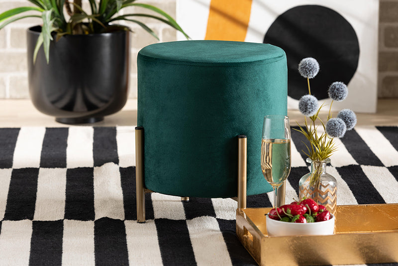 Bisset Contemporary Glam and Luxe Green Velvet Fabric Upholstered and Gold Finished Metal Ottoman