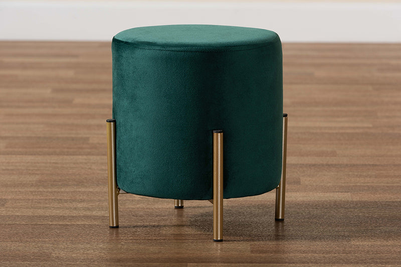 Bisset Contemporary Glam and Luxe Green Velvet Fabric Upholstered and Gold Finished Metal Ottoman