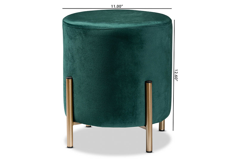 Bisset Contemporary Glam and Luxe Green Velvet Fabric Upholstered and Gold Finished Metal Ottoman