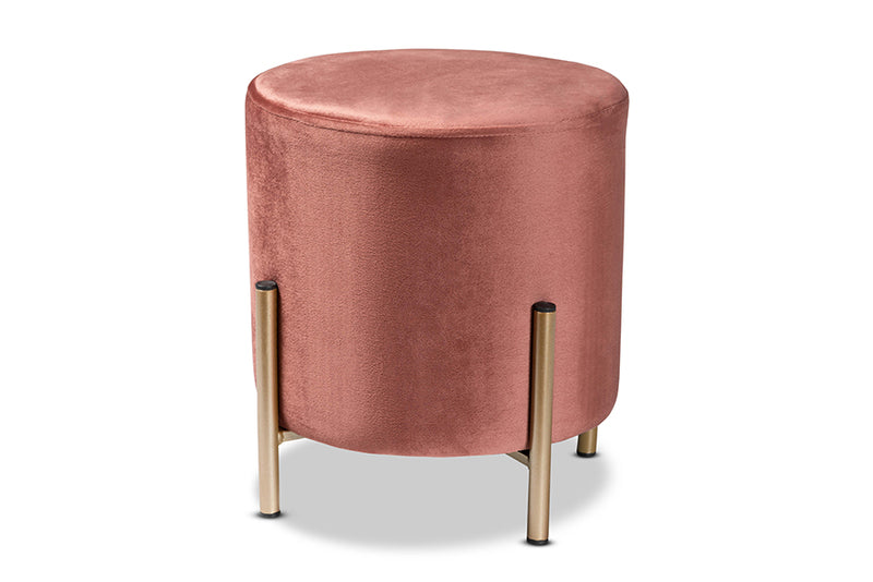 Bisset Contemporary Glam and Luxe Pink Velvet Fabric Upholstered and Gold Finished Metal Ottoman