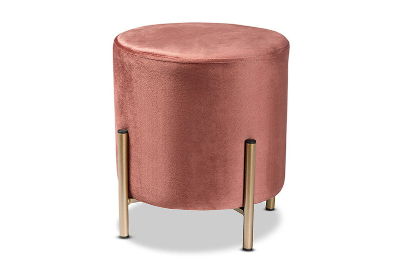 Bisset Pink Velvet Fabric Upholstered and Gold Finished Metal Ottoman Baxton