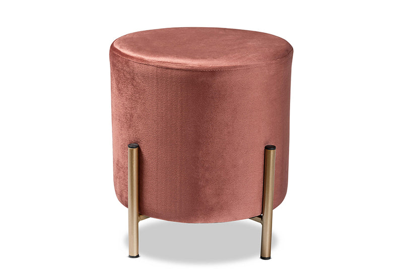 Bisset Contemporary Glam and Luxe Pink Velvet Fabric Upholstered and Gold Finished Metal Ottoman