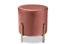 Bisset Pink Velvet Fabric Upholstered and Gold Finished Metal Ottoman Baxton