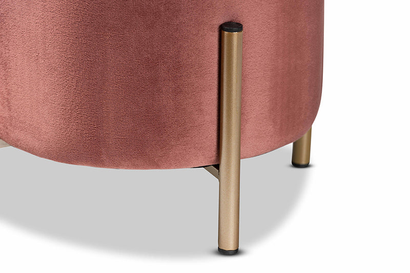 Bisset Contemporary Glam and Luxe Pink Velvet Fabric Upholstered and Gold Finished Metal Ottoman