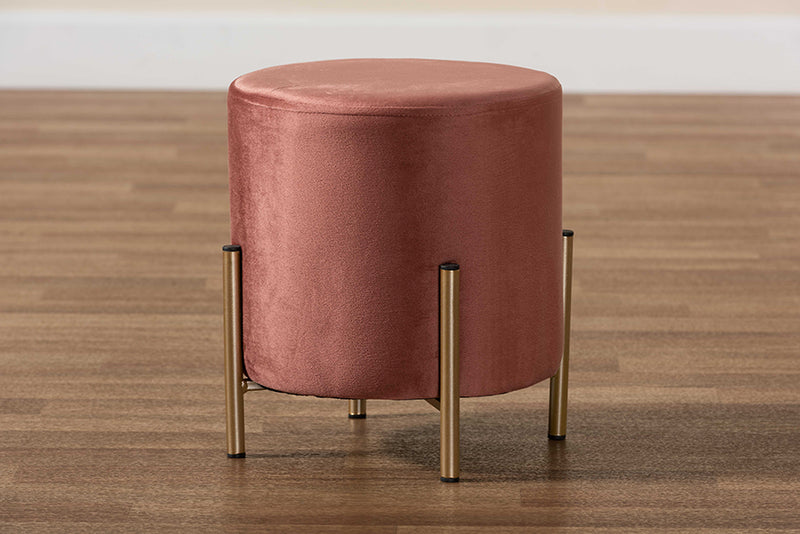 Bisset Contemporary Glam and Luxe Pink Velvet Fabric Upholstered and Gold Finished Metal Ottoman