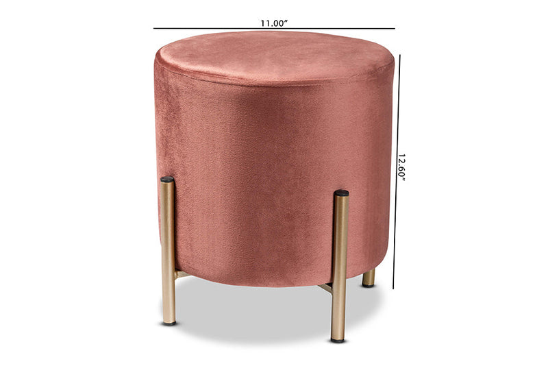 Bisset Pink Velvet Fabric Upholstered and Gold Finished Metal Ottoman Baxton