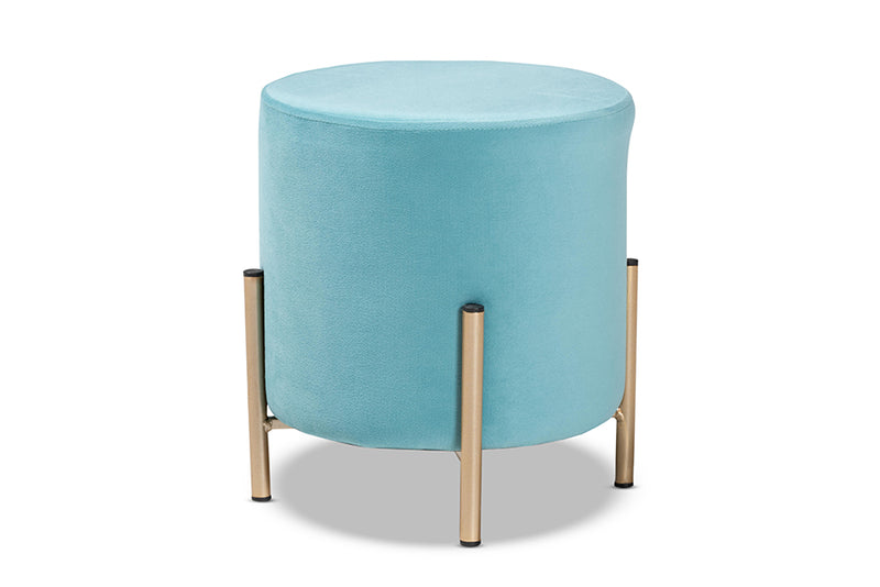 Bisset Contemporary Glam and Luxe Sky Blue Velvet Fabric Upholstered and Gold Finished Metal Ottoman