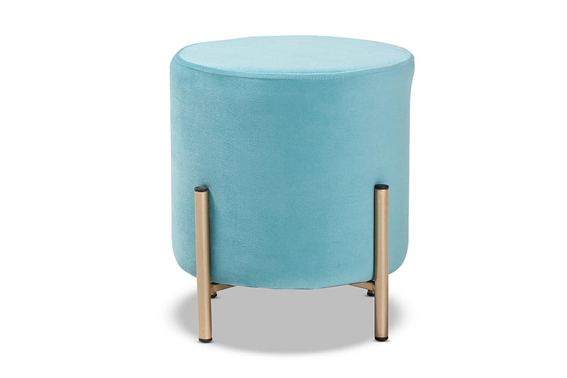 Bisset Contemporary Glam and Luxe Sky Blue Velvet Fabric Upholstered and Gold Finished Metal Ottoman