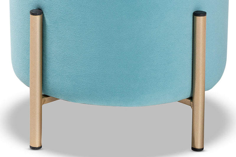 Bisset Sky Blue Velvet Fabric Upholstered and Gold Finished Metal Ottoman Baxton
